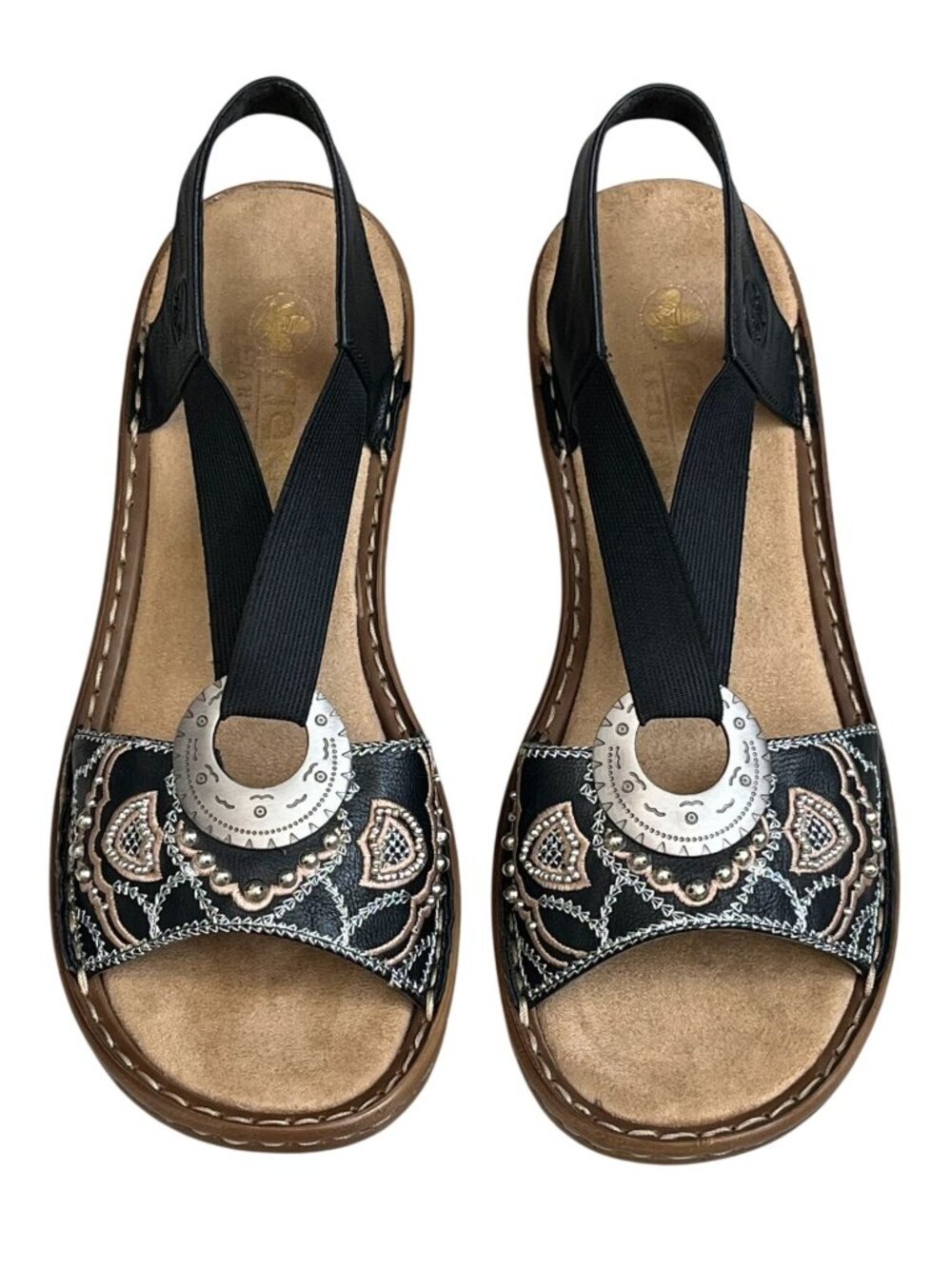NWOB Rieker Regina Black Embroidered Comfort Sandals 41 US 9.5